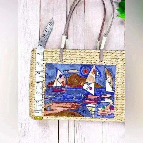 Sun & Sand Sailboats Straw Purse Embellished Sequins Paul Brent Wearable Art - Picture 5 of 11